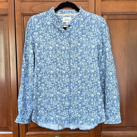 Barbour x Laura Ashley Button Front Shirt Blue White Floral Size 4 - Picture 1 of 8